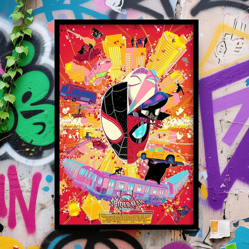 May include: A framed Spider-Man movie poster with a vibrant, comic-style design. The artwork features a split face of Spider-Man, a pink train, yellow taxis, and cityscapes against a red background. The poster is set against a graffiti wall.