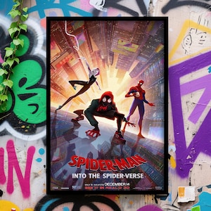 May include: A framed movie poster for "Spider-Man: Into the Spider-Verse" featuring three Spider-Man characters in action against a cityscape backdrop. The poster includes the movie title and release date.