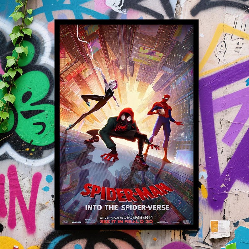 May include: A framed movie poster for "Spider-Man: Into the Spider-Verse" featuring three Spider-Man characters in action against a cityscape backdrop. The poster includes the movie title and release date.