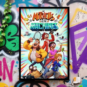 Op de afbeelding: Een ingelijste poster met de animatiefilm "The Mitchells vs. The Machines". De afbeelding toont een familie en hun hond met verschillende voorwerpen. De titel staat in een kleurrijk, dynamisch lettertype, met een achtergrond van levendige kleuren.