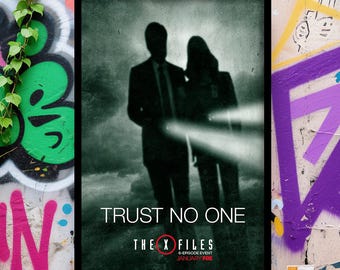 May include: A framed poster with the text "TRUST NO ONE" and "THE X FILES" in white. The image features silhouetted figures and bright lights. The poster is set against a graffiti-covered wall.