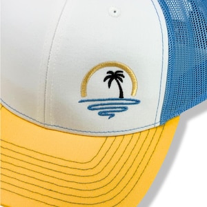 Cedarstitch Trucker Surf Hat – Palm Tree at Sea – Embroidered Baseball Cap, Mesh Back, Adjustable (multiple color options available)