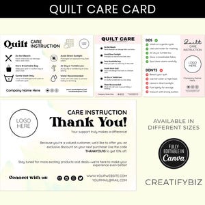 Quilt-Pflegekarte, bearbeitbare Canva-Vorlagen, Waschanleitung für Quilts, Quilt-Pflegeanleitung für kleine Unternehmen, Dankeskarte Quilt CC-46
