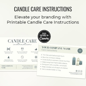 Candle Care Card, Editable Canva Templates, Printable Candle Care Guide Instructions, Business Card Size Candle Care Card Template CC-31