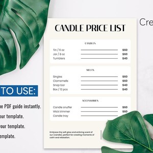 Puede incluir: Una plantilla de lista de precios de velas imprimible con instrucciones sobre c&oacute;mo usarla. La plantilla est&aacute; dise&ntilde;ada para fabricantes de velas para enumerar los precios de sus velas e incluye categor&iacute;as para velas, fundidos y accesorios. La plantilla tiene un fondo blanco con texto negro y l&iacute;neas.