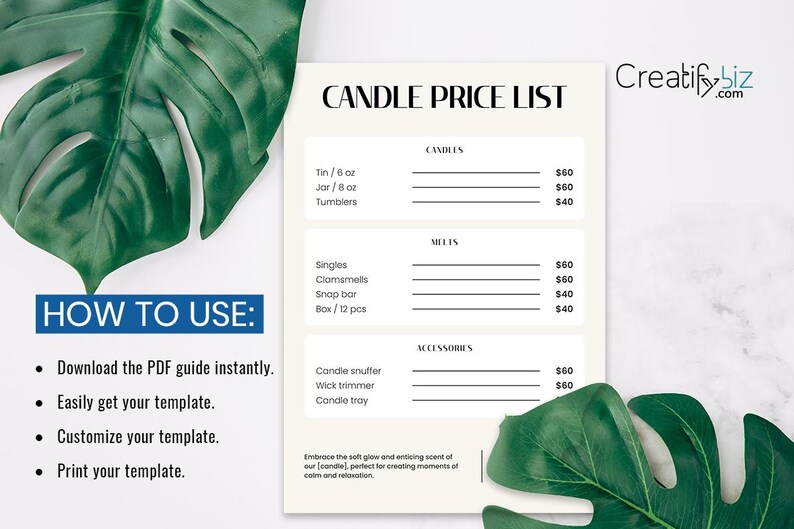 Puede incluir: Una plantilla de lista de precios de velas imprimible con instrucciones sobre c&oacute;mo usarla. La plantilla est&aacute; dise&ntilde;ada para fabricantes de velas para enumerar los precios de sus velas e incluye categor&iacute;as para velas, fundidos y accesorios. La plantilla tiene un fondo blanco con texto negro y l&iacute;neas.