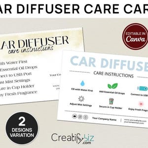 Könnte beinhalten: Zwei Pflegekarten für Auto-Diffusoren. Die Karten tragen oben den Text "CAR DIFFUSER CARE CARD". Eine Karte enthält Anweisungen: Zuerst mit Wasser füllen, Ätherische Öltropfen hinzufügen, An USB-Anschluss anschließen, Einstellungen anpassen, Halter sichern.