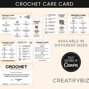 Modelo de cartões de cuidados com crochê, guia de instruções de cuidados com crochê para impressão, cartão de agradecimento minimalista personalizado para pequenas empresas de crochê