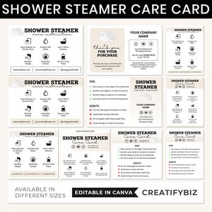 Puede incluir: Un conjunto de tarjetas de cuidado de vaporizadores de ducha con instrucciones, consejos y datos de la empresa. Las tarjetas presentan iconos y texto en un diseño minimalista, con una paleta de colores neutros. El texto incluye "SHOWER STEAMER CARE CARD" y "AVAILABLE IN DIFFERENT SIZES".