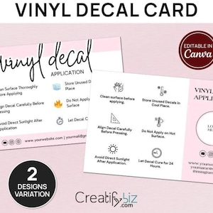 Vinyl Decal Instruction Card, Application & Care Guide