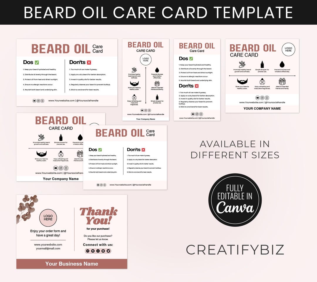 Beard Oil Care Card Template, Editable Canva Guide (digital Download ...