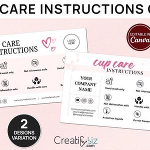 Cup Care Card, Editable Canva Template, Printable Tumbler Care Guide Small Business Packaging Insert Thank You Card Custom Care Instructions