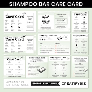 May include: A collection of white cards with black text, labeled "Shampoo Bar Care Card" and "Shampoo Bar Care Instruction." The cards provide care instructions, dos and don'ts, and company information. The text "Available in Different Sizes" is also visible.