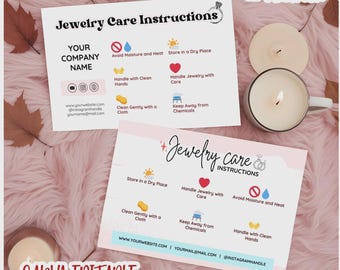 Modello stampabile per la scheda di cura dei gioielli Istruzioni per Canva Etichetta aziendale personalizzata Inserto per imballaggio del prodotto