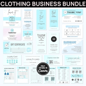 Editable Clothing Business Bundle, Tshirt Order Form, Invoice, Washing Instructions, Neck Tag, Thank You Card, Care Cards, Packaging Inserts