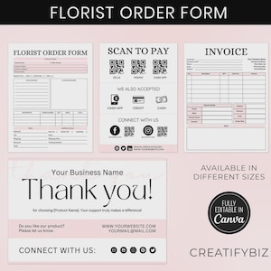 May include: A collection of floral business forms, including an order form, invoice, and a "Thank You" card. The forms are in a soft pink and white color scheme. The image also includes a "Scan to Pay" section with QR codes for various payment methods.