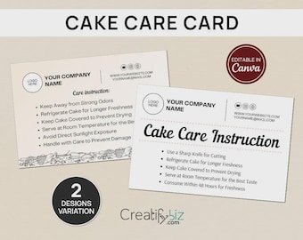 Printable Cake Care Card Template for Small Business Packaging – Canva Editable Design