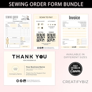 May include: A printable sewing order form bundle with a thank you card, invoice, and scan to pay options. The forms are fully editable in Canva and available in different sizes. The forms are designed for a sewing business and include fields for customer information, order details, measurements, shipping details, and payment information. The scan to pay options include PayPal and Venmo.