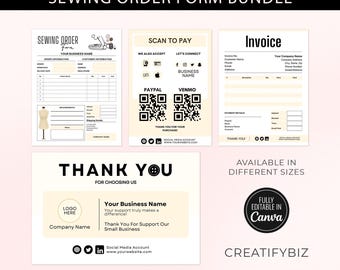 Op de afbeelding: Een printbare set met naai-bestelformulieren, inclusief een bedankkaart, een factuur en scan-to-pay-opties. De formulieren zijn volledig bewerkbaar in Canva en beschikbaar in verschillende formaten. De formulieren zijn ontworpen voor een naaiatelier en bevatten velden voor klantgegevens, bestelgegevens, maten, verzendgegevens en betalingsinformatie. De scan-to-pay-opties omvatten PayPal en Venmo.