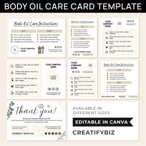 Cartão de cuidados com óleo corporal, modelos editáveis do Canva, guia de instruções para cuidados com óleo corporal, rótulo de óleo corporal, encarte de embalagem minimalista para pequenas empresas