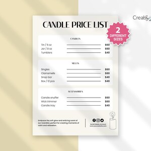 Plantilla de lista de precios de velas, guía de precios editable en Canva (5x7 y 10x8) imagen 6