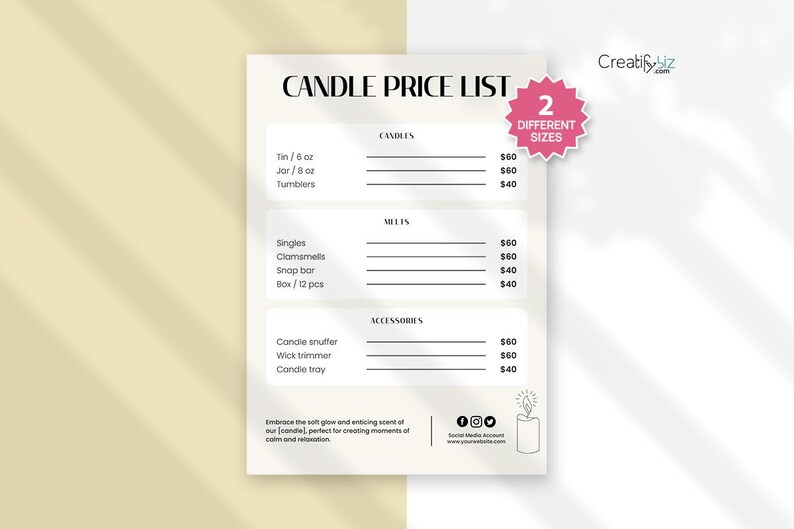 Plantilla de lista de precios de velas, guía de precios editable en Canva (5x7 y 10x8) imagen 6