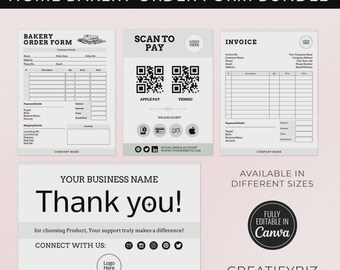May include: A collection of home bakery order forms, including an order form, invoice, and a "Scan to Pay" card with QR codes for Apple Pay and Venmo. The forms are light grey with black text. A "Thank you" card is also included.