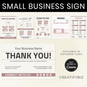 Bearbeitbares Small Business Sign Bundle, bearbeitbare Canva-Vorlagen, Scan-To-Pay-Zeichenkarte Canva-Vorlage, Rechnungsvorlage, Dankeskarte CBB-12