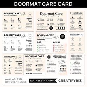 Puede incluir: Un conjunto de tarjetas de instrucciones para el cuidado de felpudos con texto e iconos. Las tarjetas brindan orientación sobre la limpieza y el mantenimiento de los felpudos, incluyendo sacudir la suciedad, limpiar las manchas y evitar el lavado a máquina. Tarjetas editables.