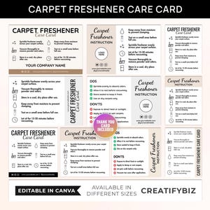 May include: A collection of beige and white carpet freshener care cards with instructions and a logo placeholder. The cards include text such as "Sprinkle evenly across your carpet surface" and "Vacuum thoroughly to remove powder and odors."