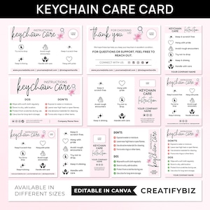 Editable Keychain Care Card Template, Printable Keychain Care Instructions Template Custom Keychain Care Guide Keychain Packaging Card