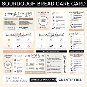 May include: A collection of sourdough bread care cards with instructions and tips. The cards feature text, illustrations, and a logo area. The cards are available in different sizes and are editable in Canva.