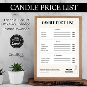 Lista de preços de velas, modelo editável do Canva, preços de velas, tabela de preços, preços personalizados, guia de preços, preços de produtos, menu de preços F-03