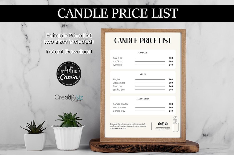 Plantilla de lista de precios de velas, guía de precios editable en Canva (5x7 y 10x8) imagen 1