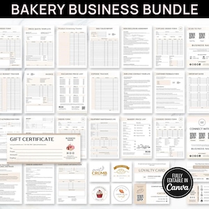 May include: A set of printable templates for a bakery business, including order forms, budget trackers, and gift certificates. The bundle also includes a loyalty card and is fully editable in Canva. The title "Bakery Business Bundle" is at the top.