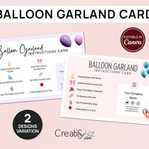 Modèle de carte d'instructions de guirlande de ballons, guide de montage mural de ballons modifiable, carte de soins pour artiste de décoration de ballons au design féminin CC-41