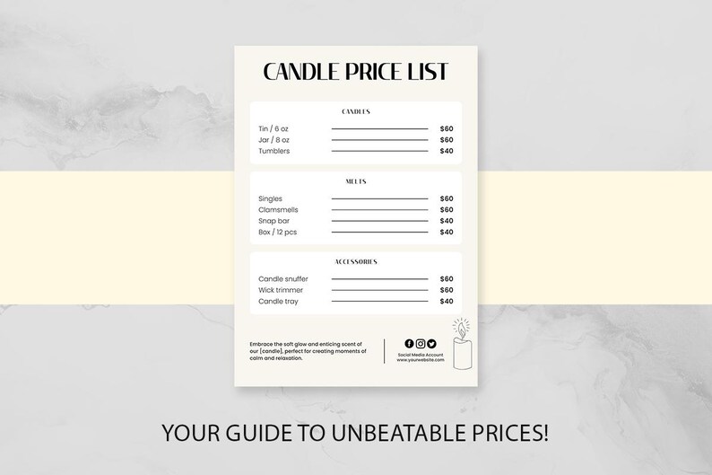 Plantilla de lista de precios de velas, guía de precios editable en Canva (5x7 y 10x8) imagen 8