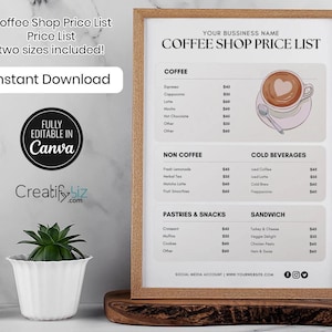 Modelo de lista de preços de cafeteria, cardápio digital de cafeteria, design de cardápio de cafeteria, modelo de cardápio de cafeteria Canva para impressão, cardápio de restaurante e café