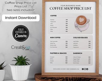 Plantilla de menú de cafetería, lista de precios personalizable (5x7, 10x8) Diseño de Canva