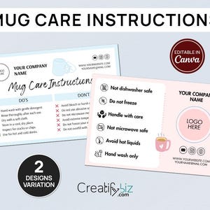 Mug Care Instructions Small Business Canva Card Template Cup Care Guide Card Mug Care Cards Editable Cup Packaging Digital Download CC-12