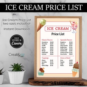 Ice Cream Price List Template, Editable Canva Menu (Digital Download)