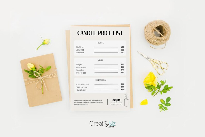 Plantilla de lista de precios de velas, guía de precios editable en Canva (5x7 y 10x8) imagen 3