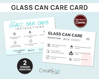 Glass Can Care Card, Editable Canva Templates, Printable Glass Can Cup Care Instructions Guide, Small Business Packaging Inserts CC-20