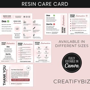Modelo de cartão de cuidados de resina editável, guia de instruções de cuidados com joias de resina para impressão, cartão de visita pequeno, suprimentos comerciais personalizados de resina CC-70