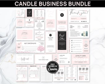 May include: A set of printable templates for a candle business. The templates include a gift certificate, loyalty card, thank you card, price list, order form, invoice, and candle care instructions. The templates are fully editable in Canva.