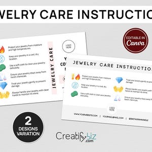 Editable Jewelry Care Card Template, Thank You Card, Printable Jewelry Care Instructions Card, Jewelry Packaging Insert, Canva Template