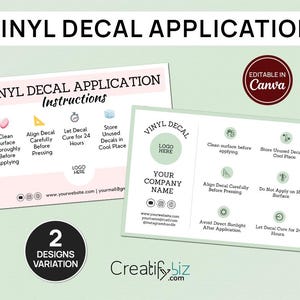 Może przedstawiać: Dwa projekty kart z instrukcjami aplikacji naklejek winylowych. Karta jest różowa i zielona z białą ramką. Karta zawiera instrukcje dotyczące naklejania naklejek winylowych, takie jak czyszczenie powierzchni, wyrównanie naklejki, pozostawienie naklejki do utwardzenia na 24 godziny i przechowywanie nieużywanych naklejek w chłodnym miejscu. Karta zawiera również tekst "Edytowalne w Canva" i "Creatif biz.com".