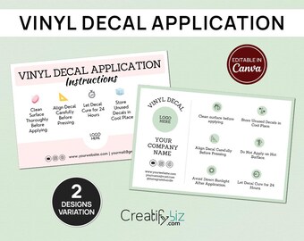 Vinyl Decal Application Card, Printable Vinyl Decal Care Card Instructions, Small Business Supplies, Ready to Print, Instant Download CC-21