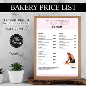 Lista de preços de padaria, modelo de lista de preços de padaria, modelo de menu de padaria, menu de lista de preços para padaria, modelo de lista de preços de bolo Canva F-05