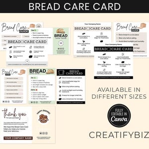 May include: A collection of bread care cards with various designs and layouts. The cards offer tips on storing bread, including storing in a cool place, using breathable bags, and avoiding sunlight. The cards are fully editable in Canva and available in different sizes.